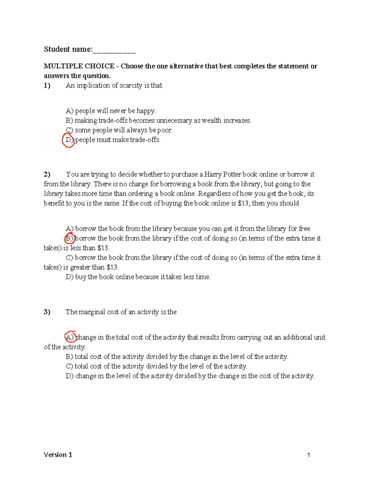 Chapter 1 Quiz (Version 1) - Economics Multiple Choice Questions - Studocu