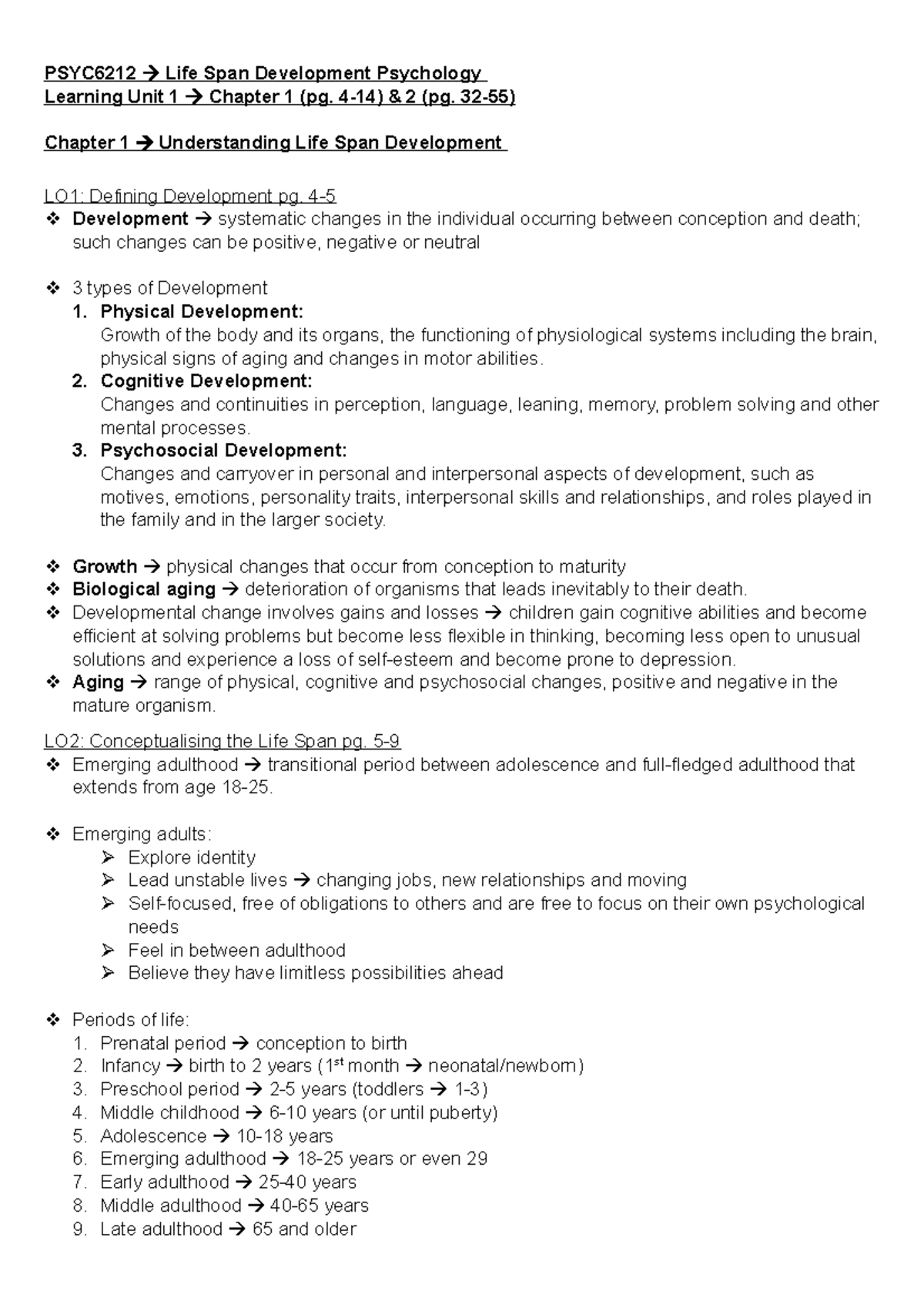 PSYC6212 LU1 - Summary of Life Span Development Psychology - Studocu