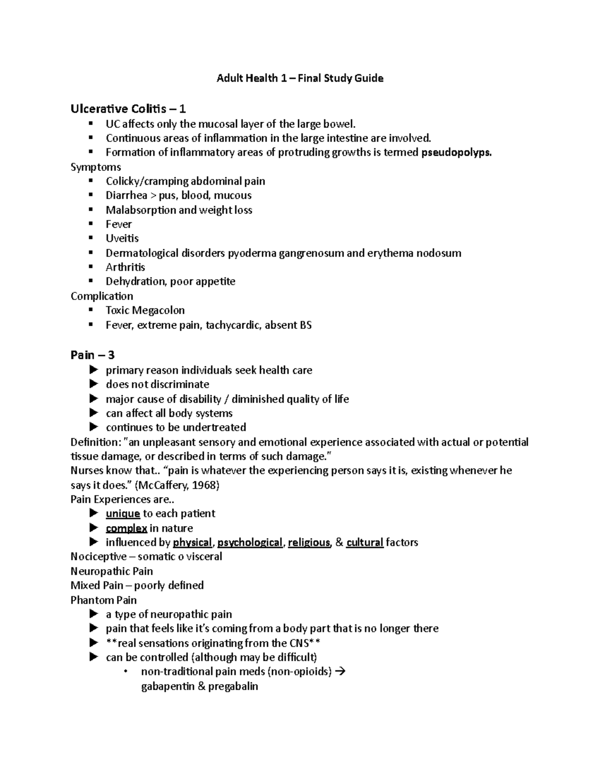 Adult Health 1 - Final Exam Comprehensive Study Notes - Studocu