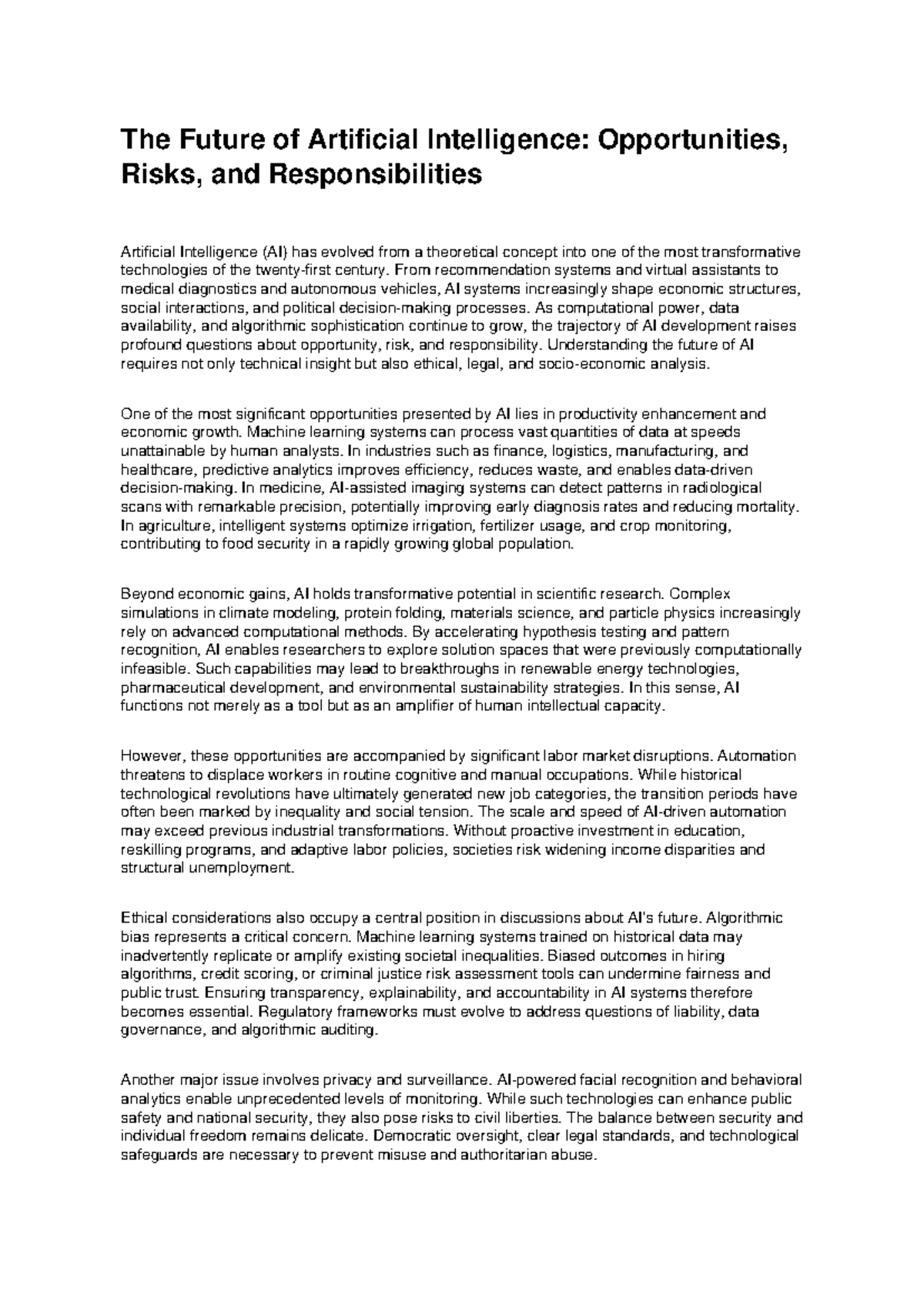 The Future of AI: Opportunities, Risks, and Responsibilities Essay ...