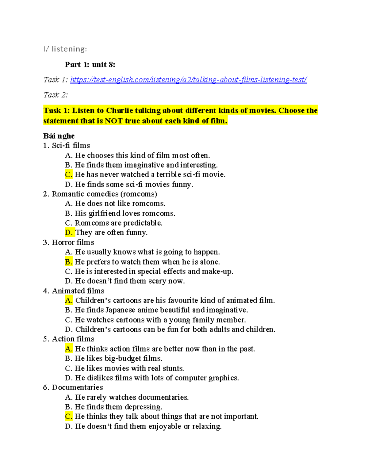 Listening: Unit 8 Tasks 1 & 2 - Movie Types and Experiences - Studocu