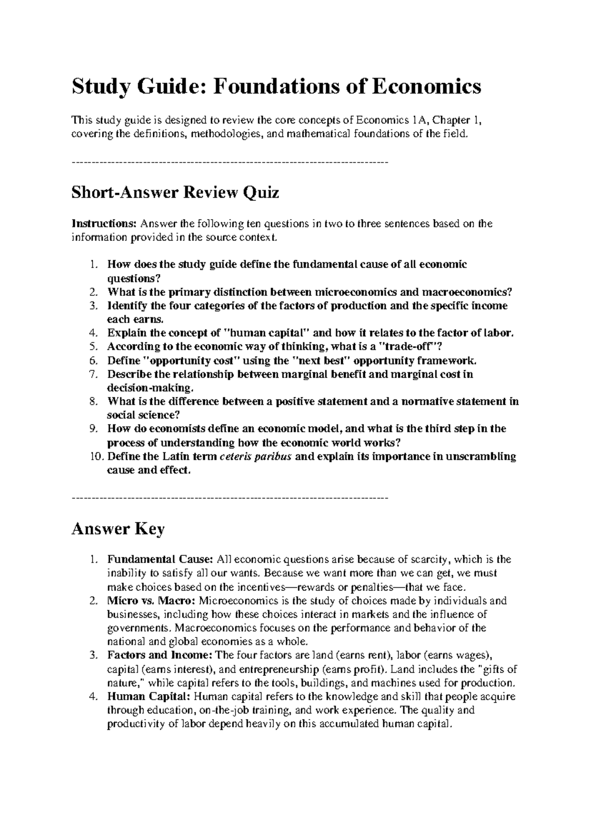 Economics 1A: Chapter 1 Study Guide on The Economic Way of Thinking ...