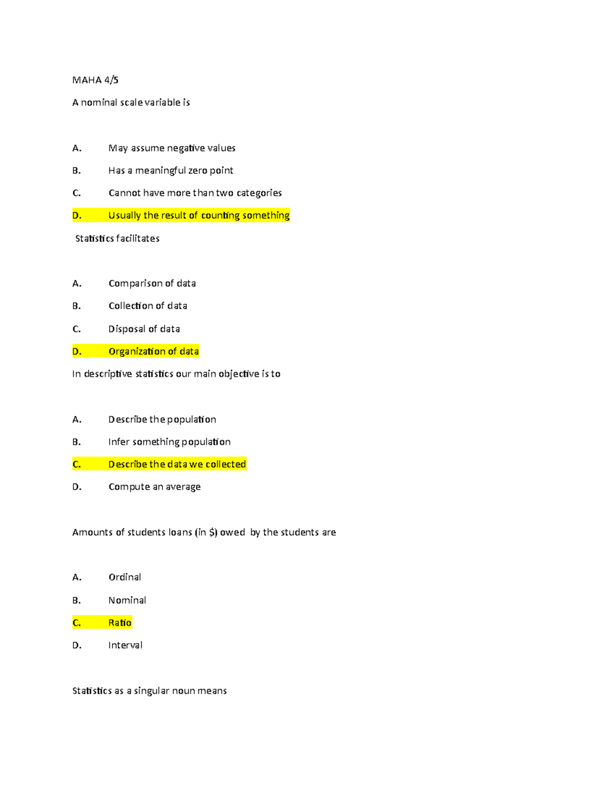 Stats QUIZ - Statistical Inference for Managers Review Questions - Studocu