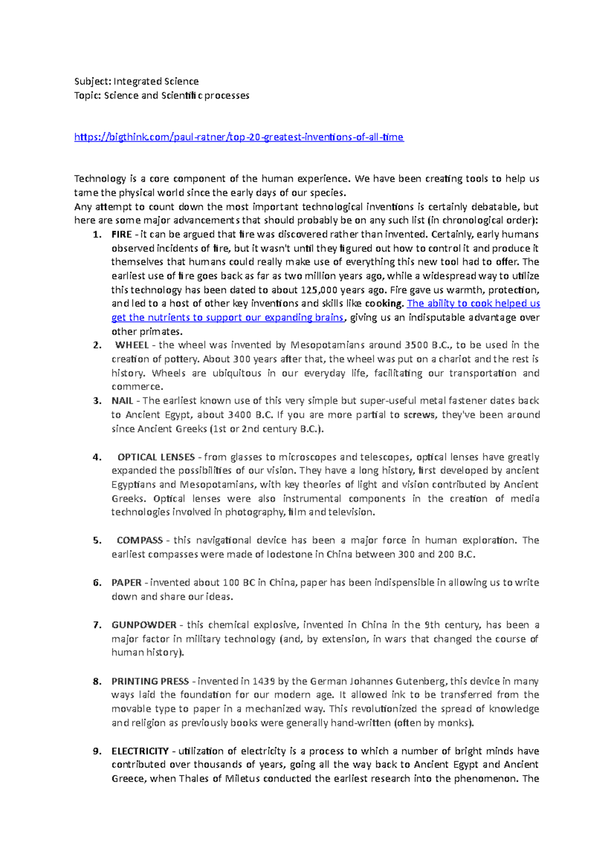 02- 20 greatest inventions of all time - Subject: Integrated Science ...