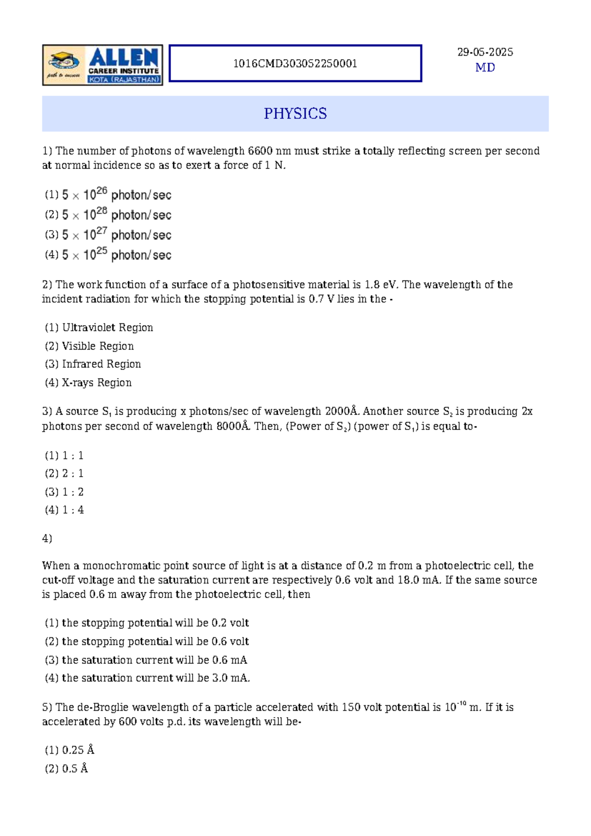 MD PHYSICS Achiever Phase [Test 01] Questions & Solutions - Studocu