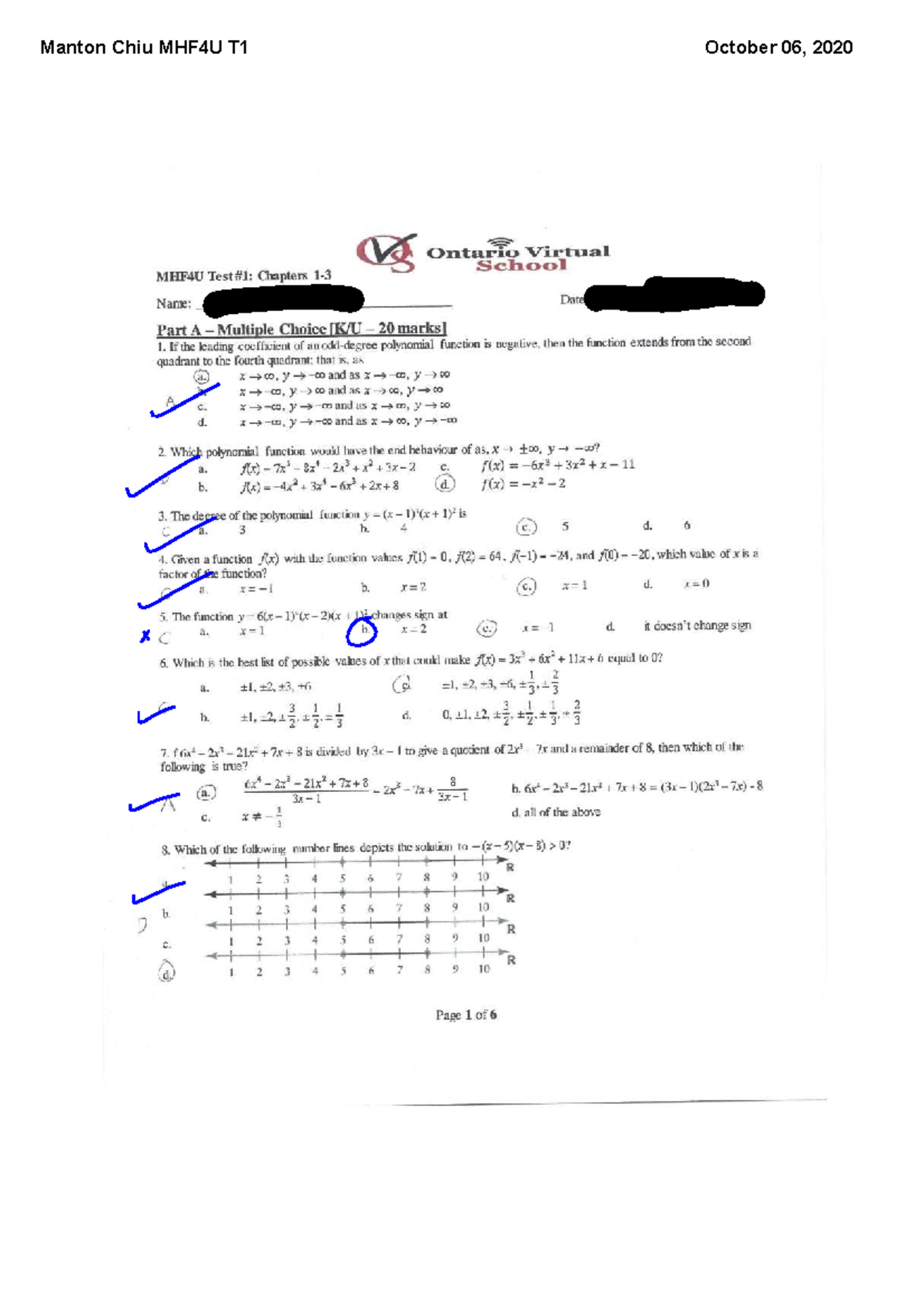 MHF4U Test 1 V2 Marked - algebra - Studocu