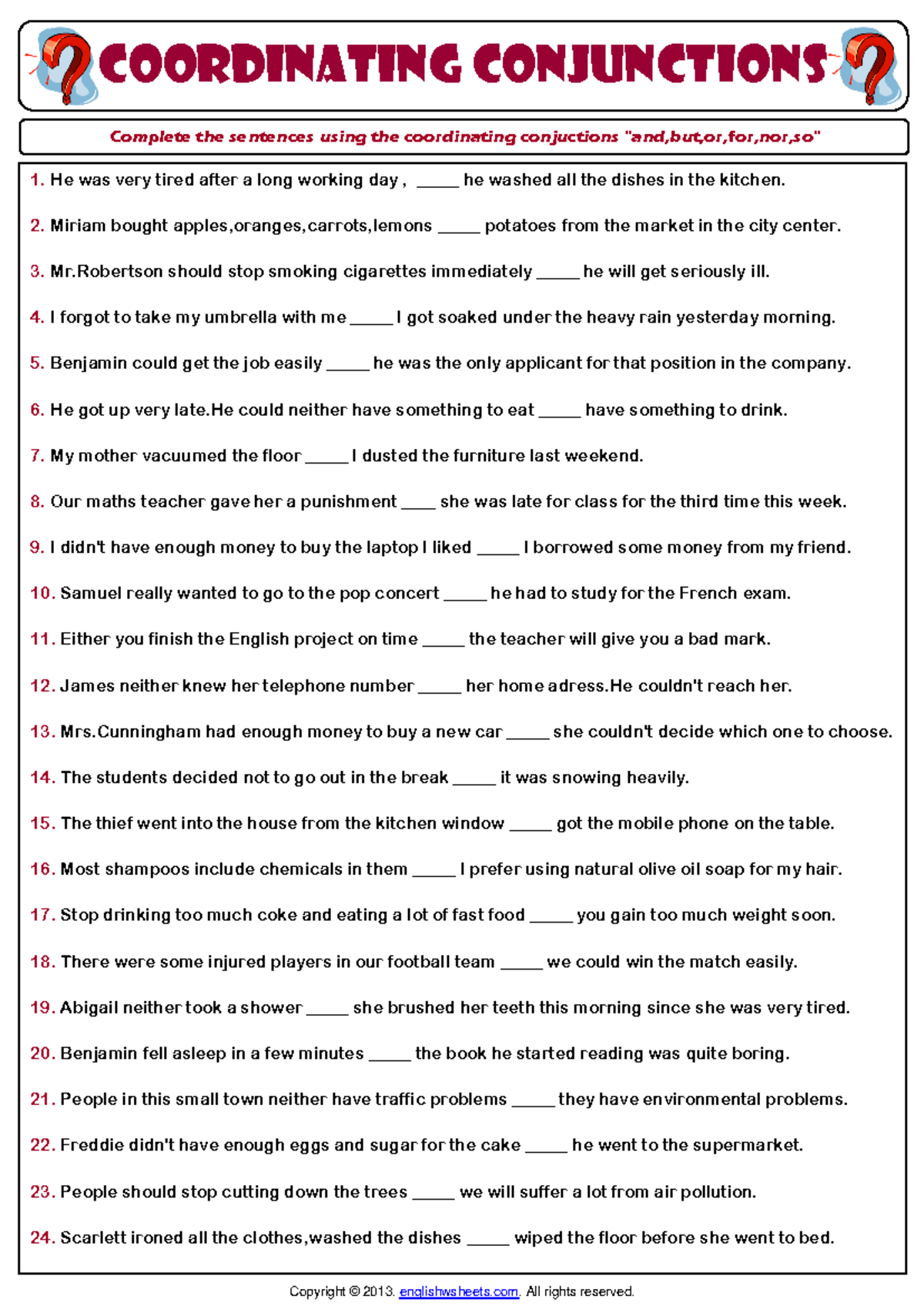 Comparative Grammar Assignment - Coordinating Conjunctions Practice ...
