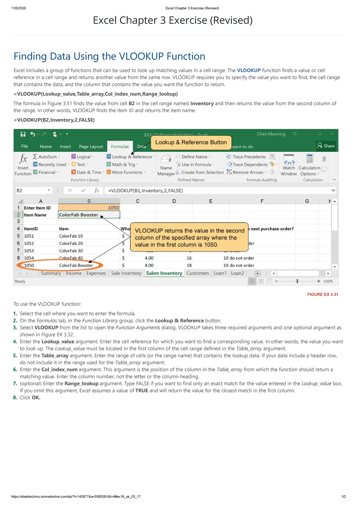 Excel Chapter 3 Exercise (Revised)1 - 11/6/2020 Excel Chapter 3 ...