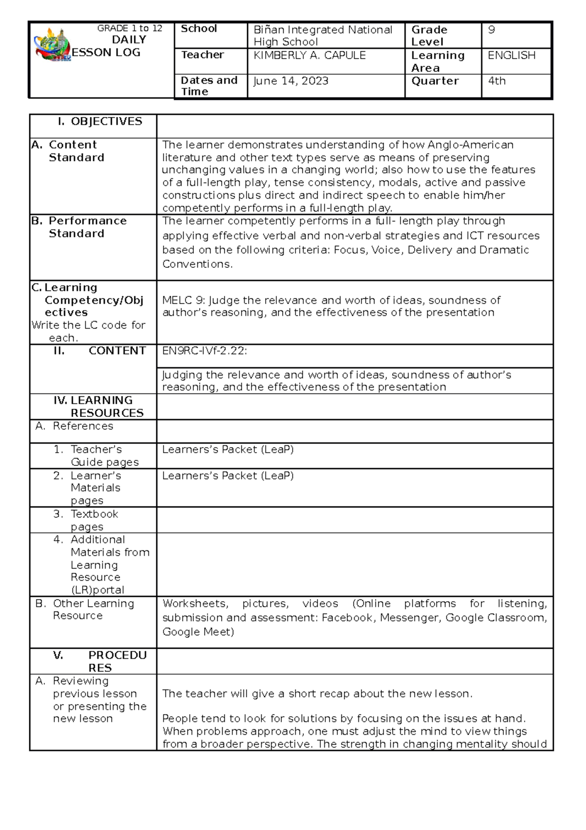 Lesson Exemplar for Grade 9 English - Quarter 4, Week 5 - Studocu