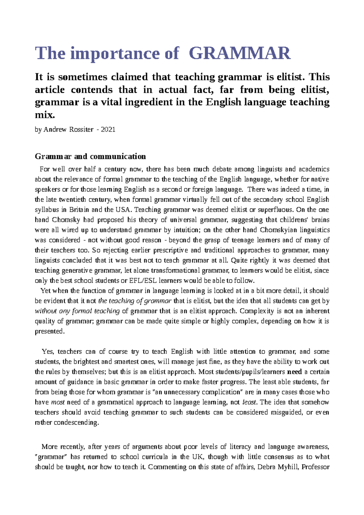 The Vital Role of Grammar in English Language Teaching - Studocu
