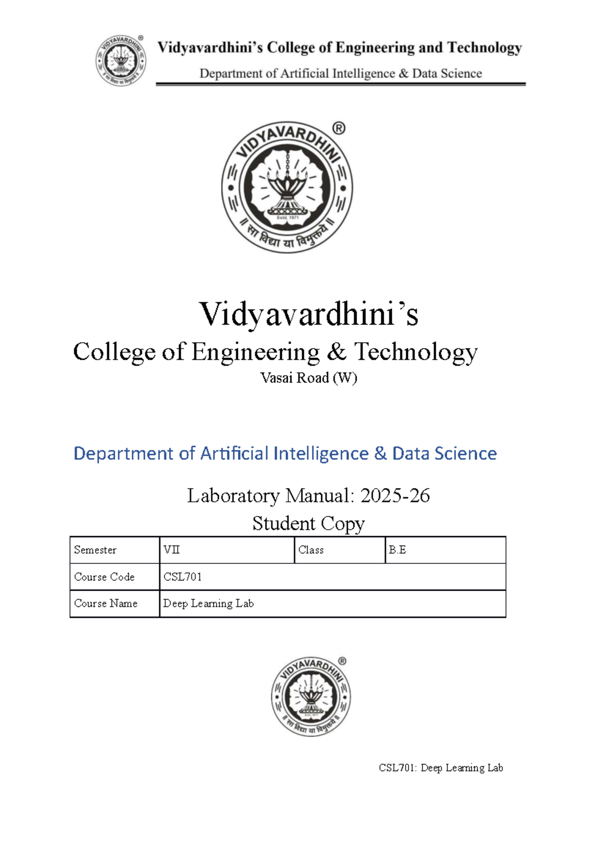 CSL701: Deep Learning Lab Practical Manual for Semester VII - Studocu
