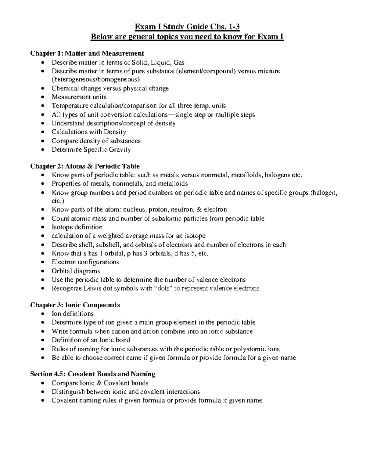 Chemistry 101: Exam I Study Guide - Key Topics from Chapters 1-3 - Studocu