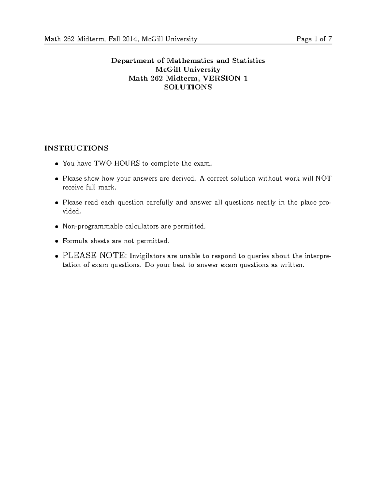 Fall 2014 Midterm with solutions - Department of Mathematics and ...