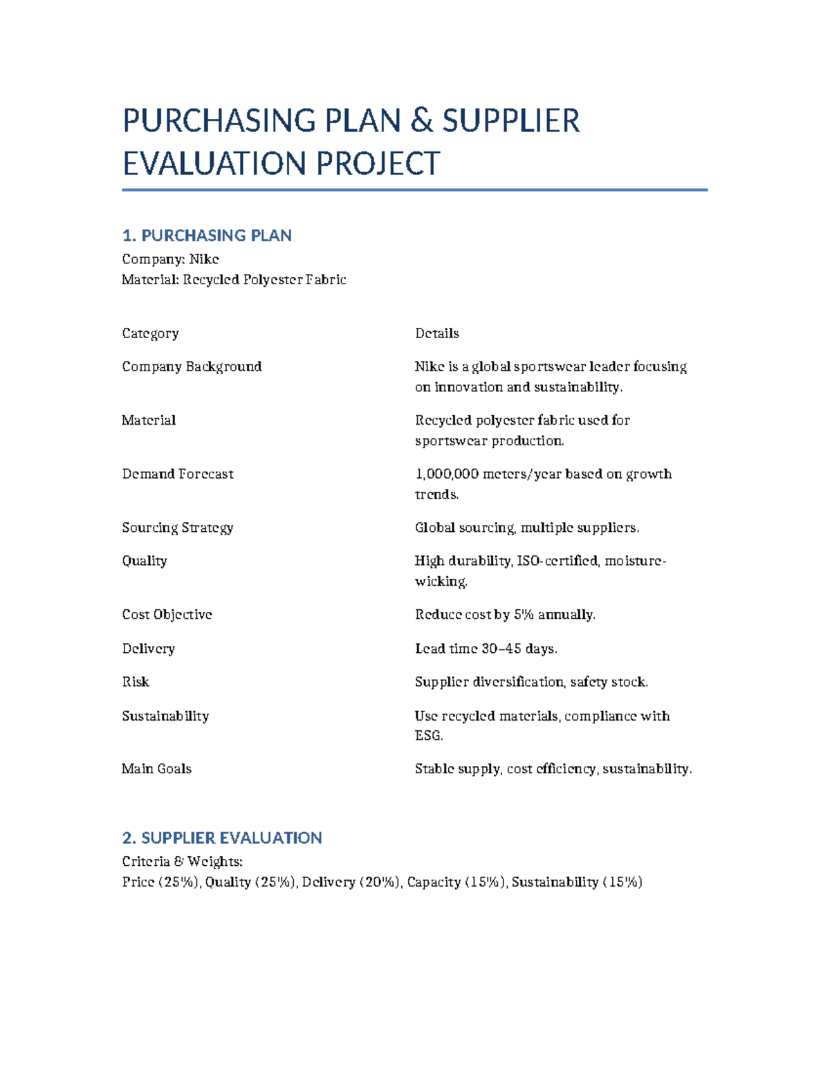 Upgraded project - PURCHASING PLAN & SUPPLIER EVALUATION PROJECT 1 ...