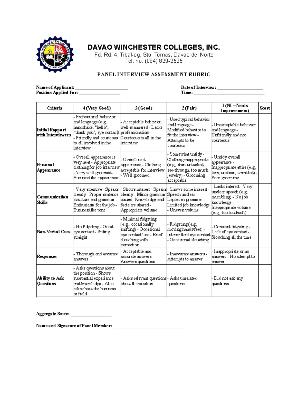 Panel Interview Assessment Rubric - 123 - Studocu