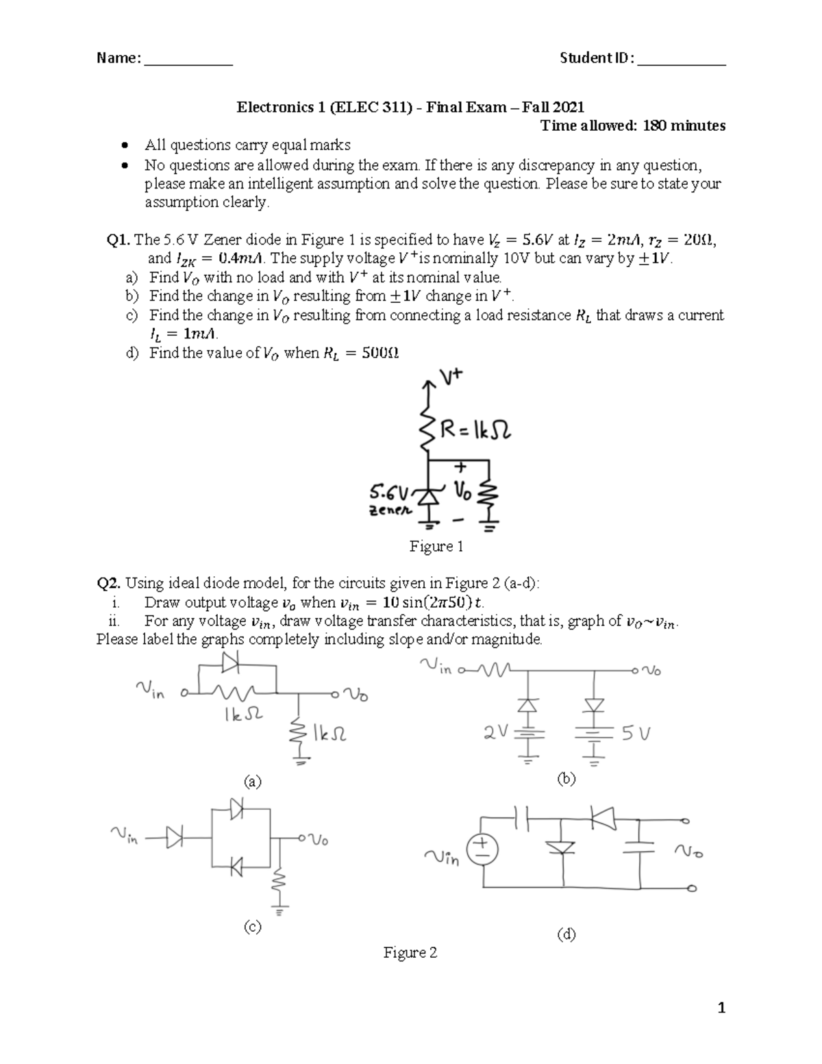 ELEC311 Final Fall2021 - Electronics 1 (ELEC 311) - Final Exam – Fall ...