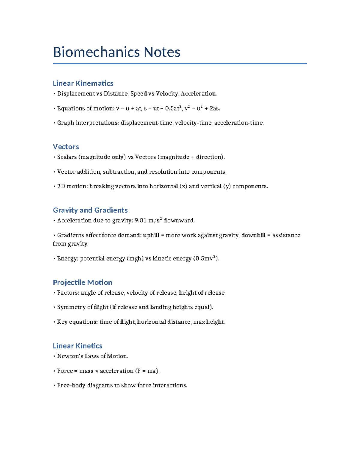 Biomechanics Notes: Linear Kinematics & Kinetics Overview - Studocu