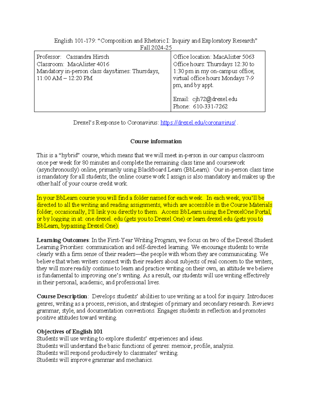 English 101-179: Composition & Rhetoric I - Fall 2024 Syllabus - Studocu