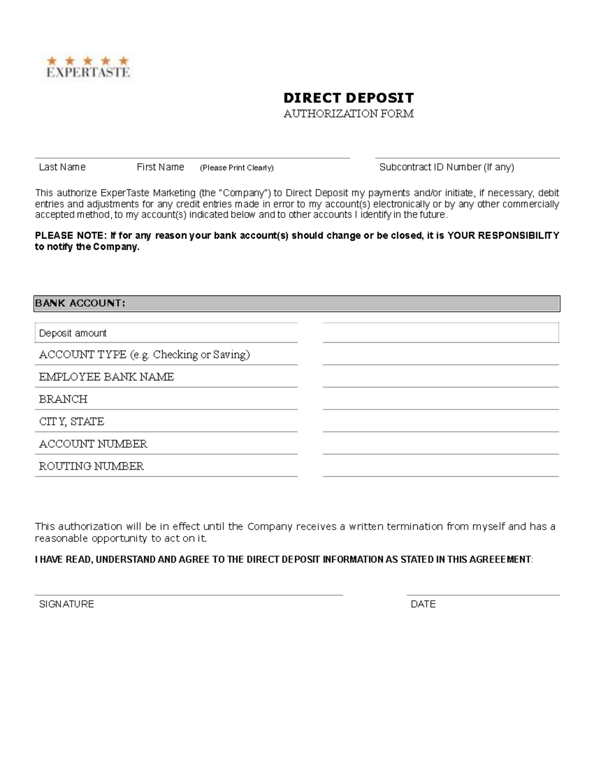 ExperTaste Direct Deposit Authorization Form - Employee Details - Studocu