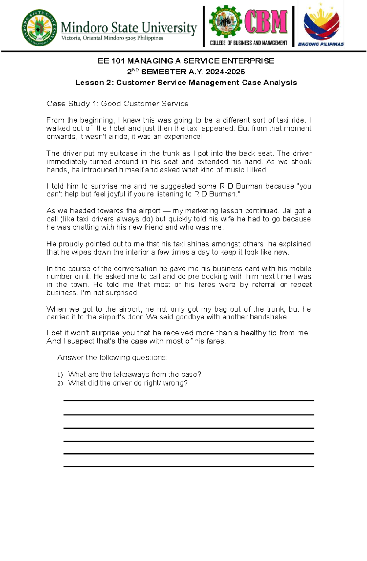 EE 101 Lesson 2: Customer Service Management Case Studies Analysis ...
