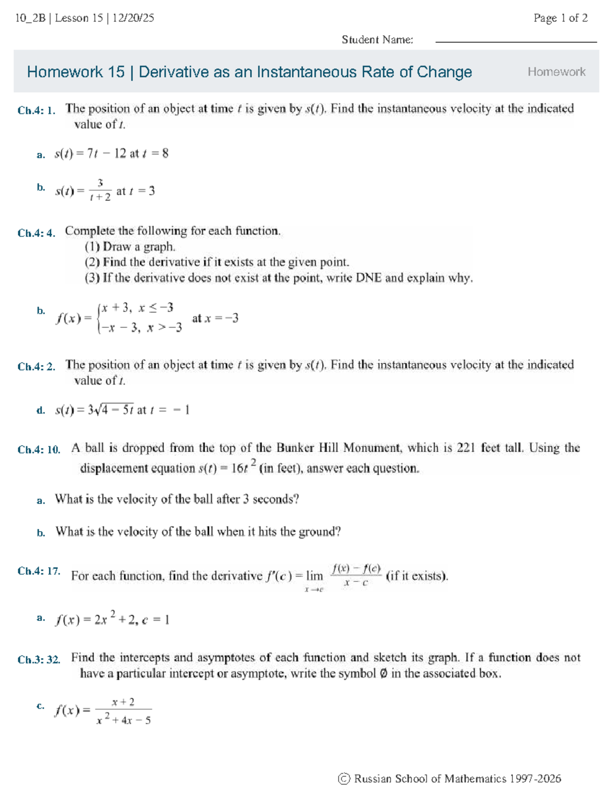 10 2B Student Printout (12) - Managment - Homework 15 | Derivative as ...