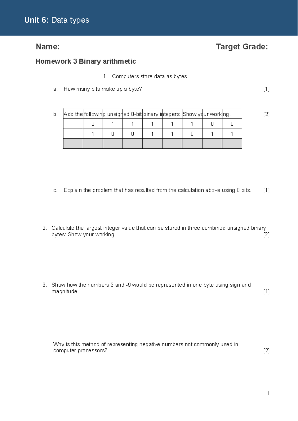Unit 6: Homework 3 - Binary Arithmetic and Data Types - Studocu
