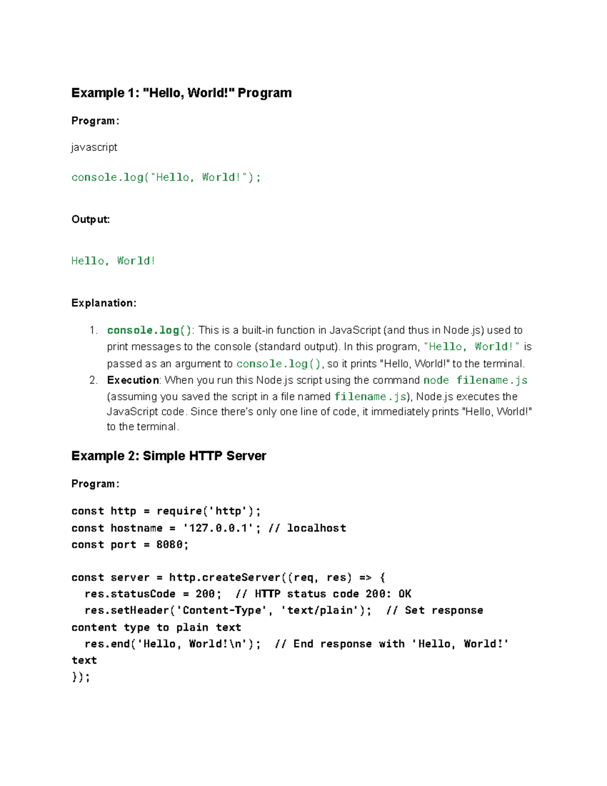 3.Basic Node.js programs - Example 1: "Hello, World!" Program Program ...