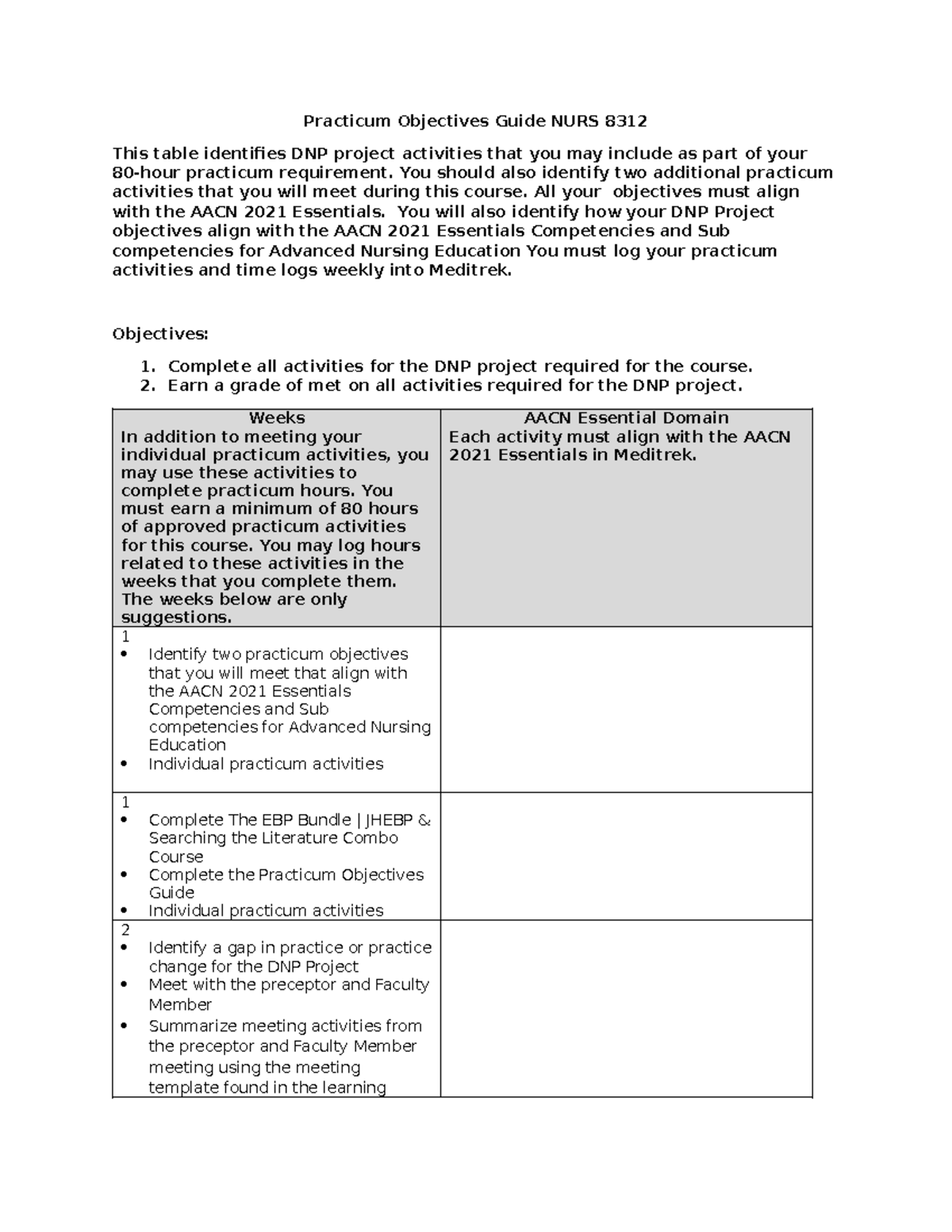Practicum Objectives & Activities Guide for NURS 8312 - Studocu