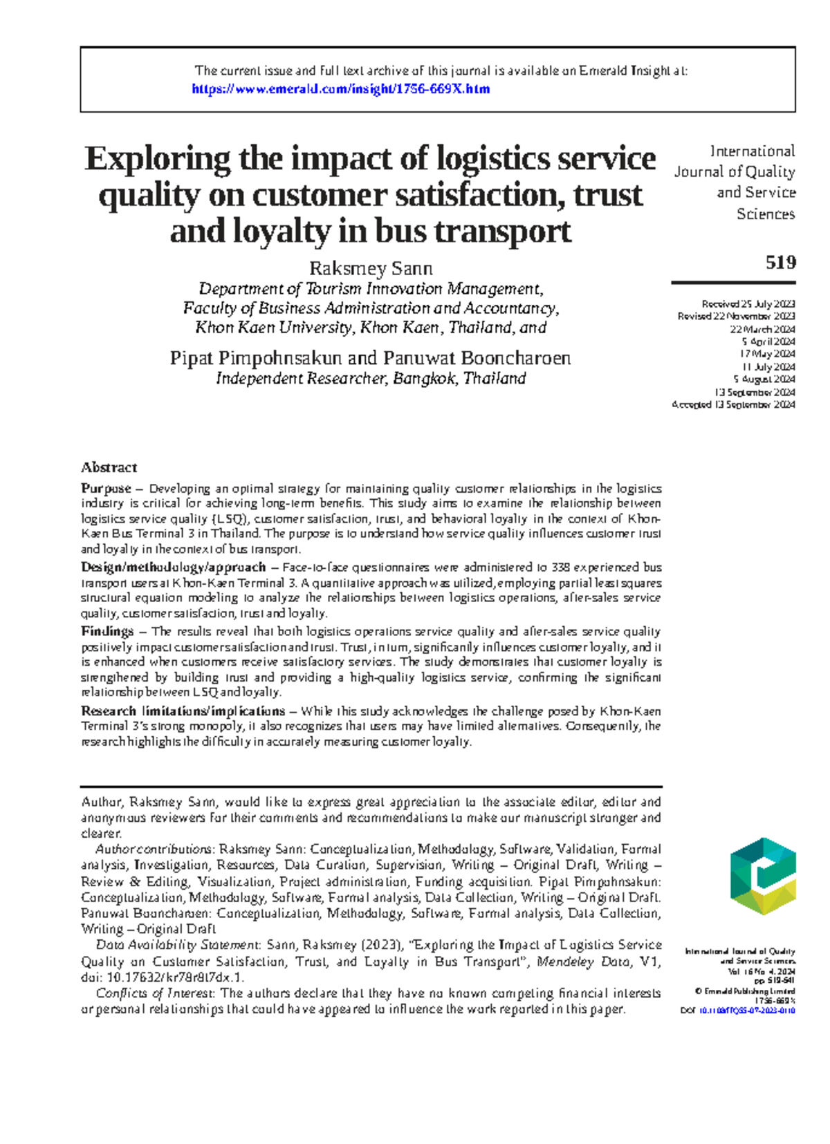 Exploring the Impact of LSQ on Customer Satisfaction, Trust, and Loyalty in Bus - Document Preview