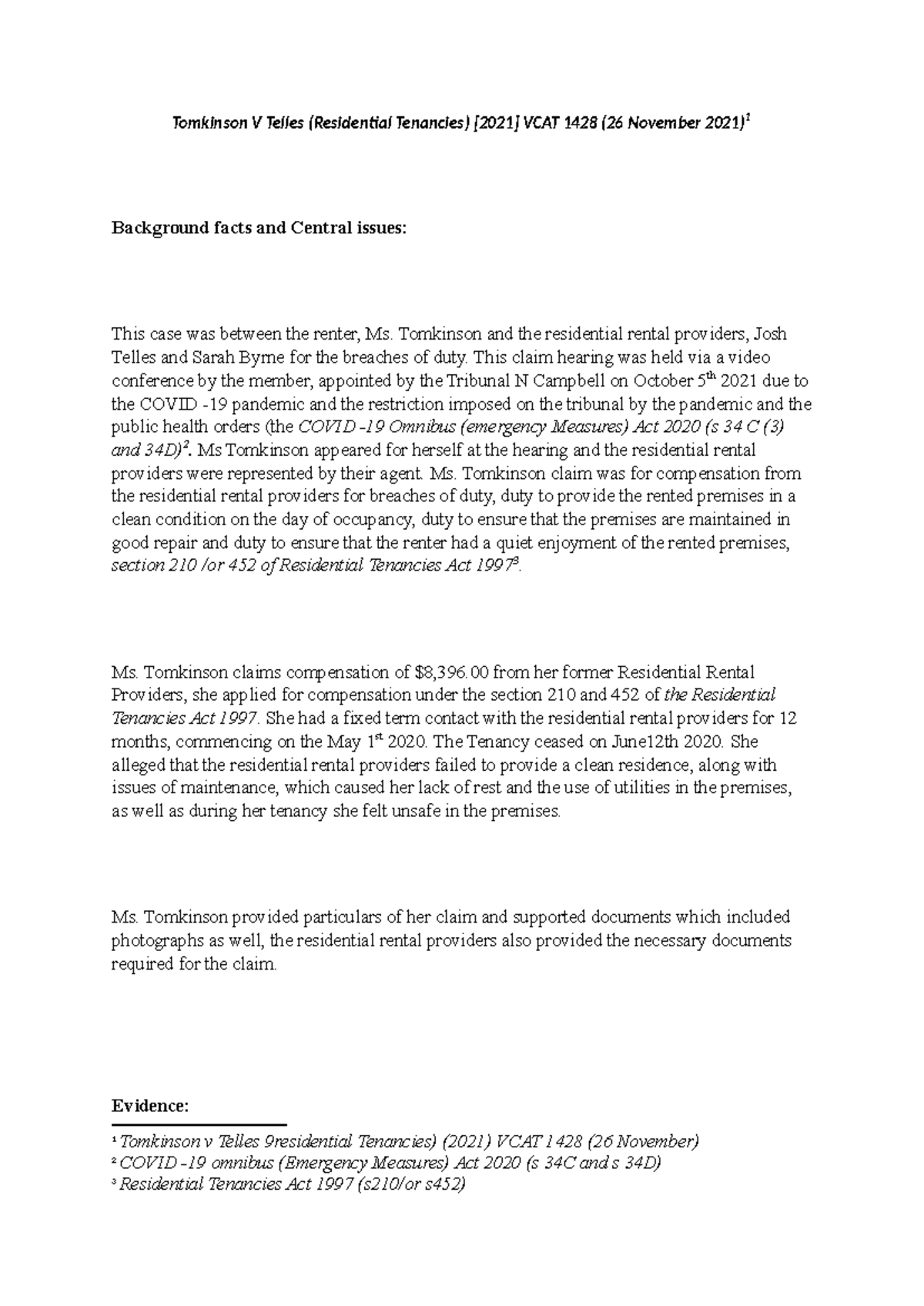 Tomkinson v Telles: VCAT Case Summary and Assessment (2021) - Studocu