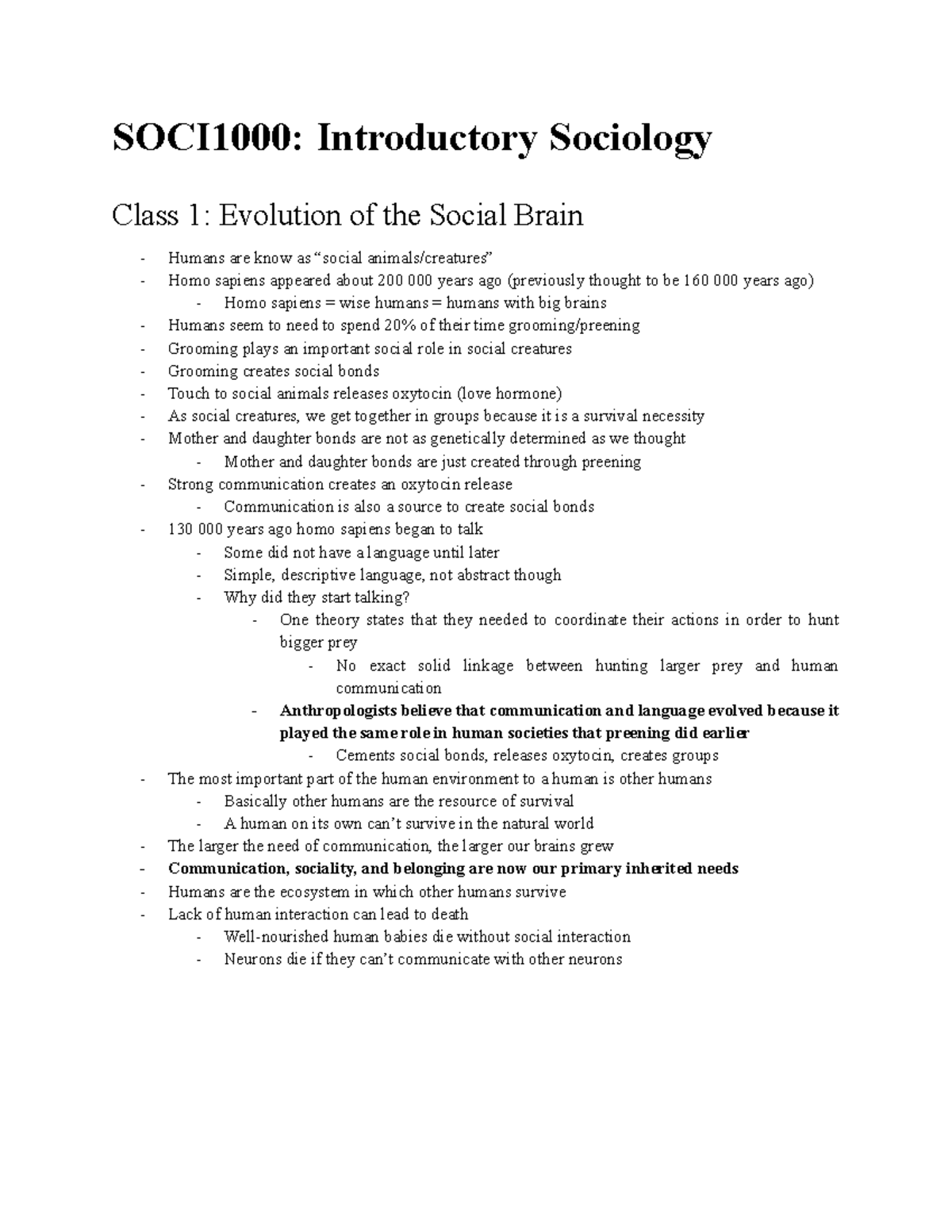 SOCI1000: Lecture Notes on the Evolution of Human Social Behavior - Studocu