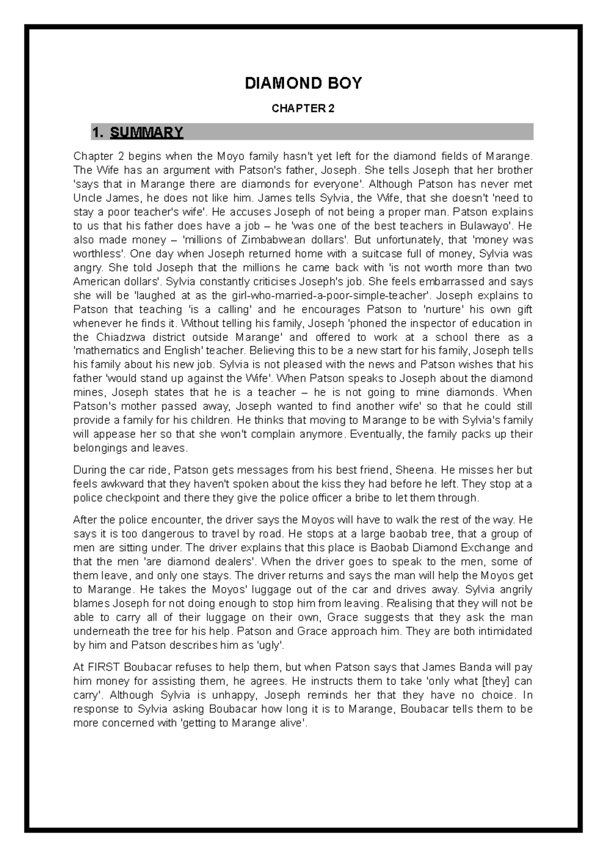 Diamond Boy CH 2 Analysis & Worksheets: Term 1 & 2 Summary - Studocu