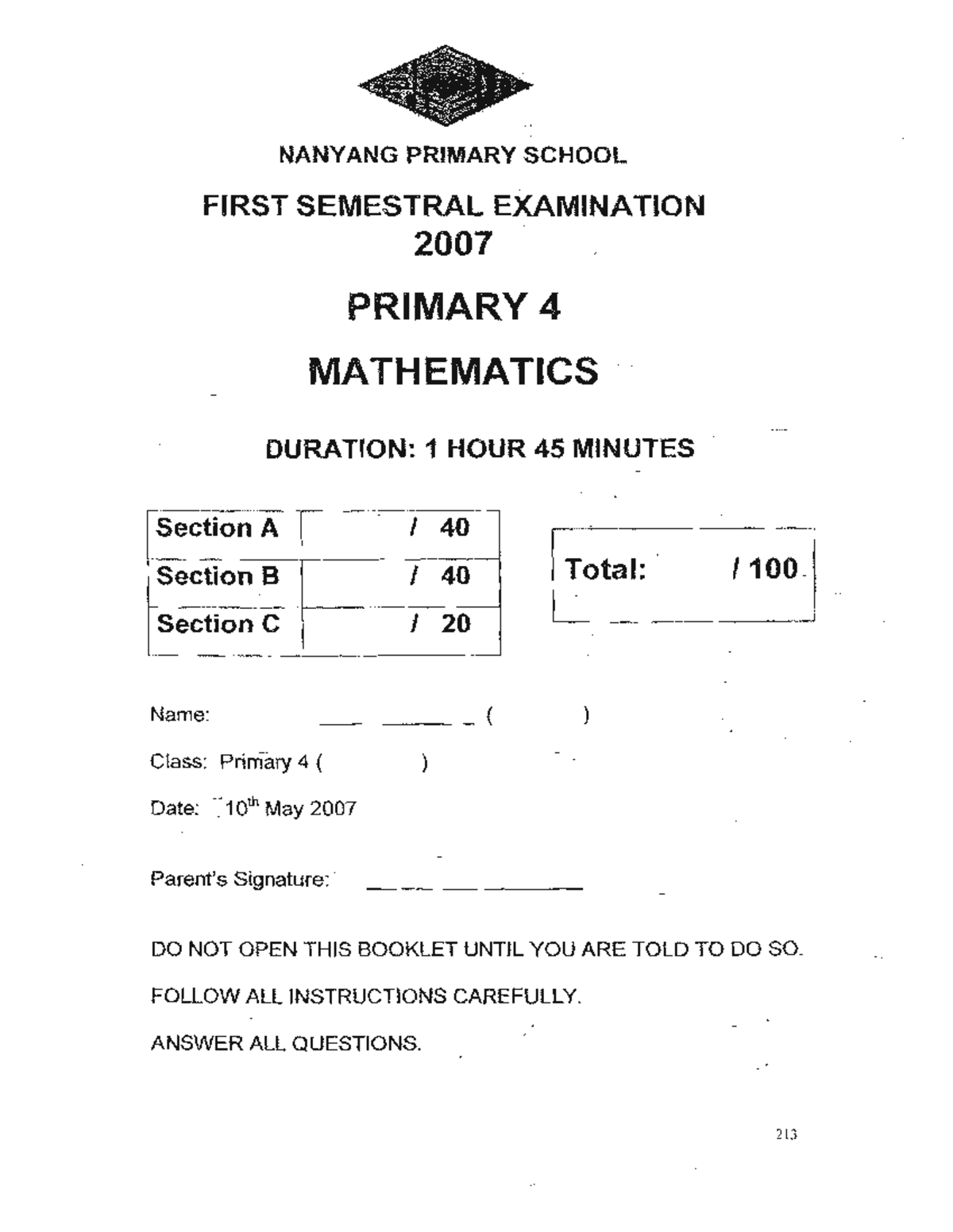 P4 MATHEMATICS SEMESTRAL ASSESSMENT 2007 - NANYANG PRIMARY - Studocu