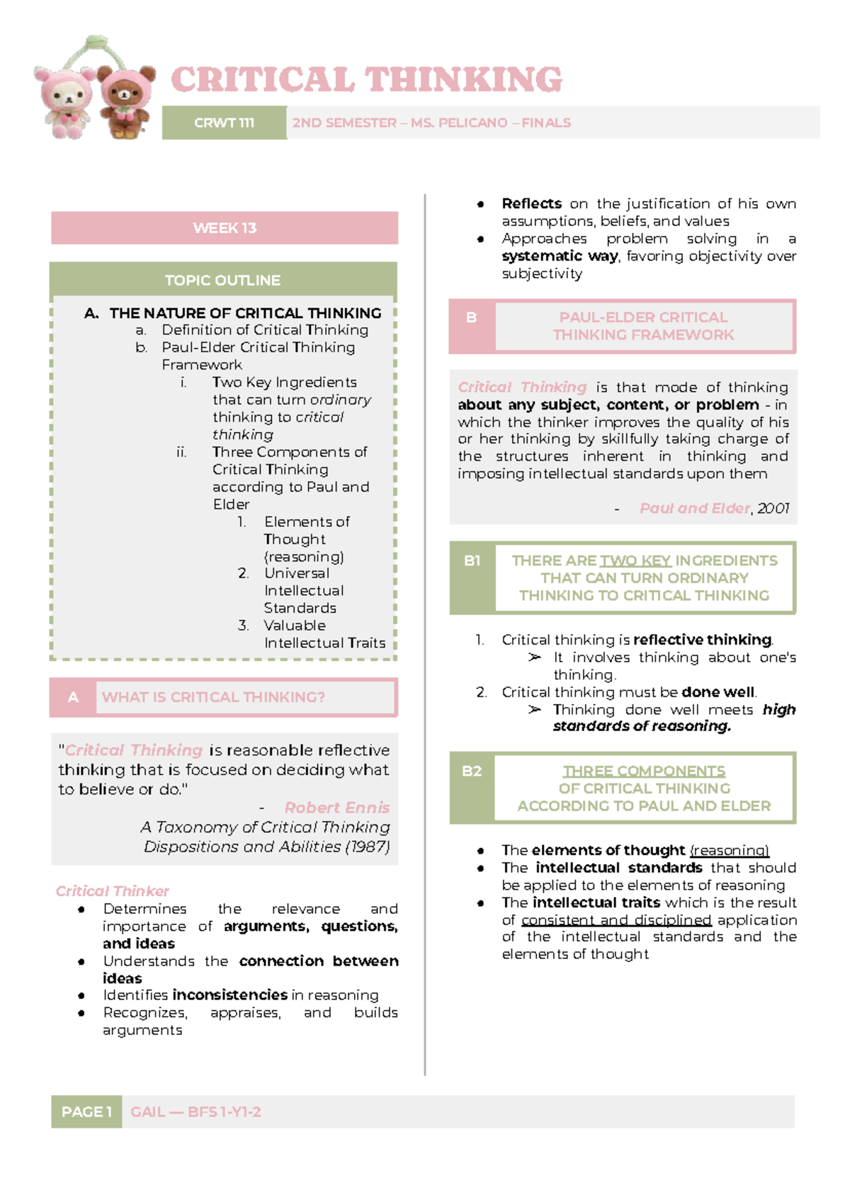 CRWT 2ND SEMESTER MS. PELICANO FINALS WEEK 13 CRITICAL THINKING OUTLINE ...