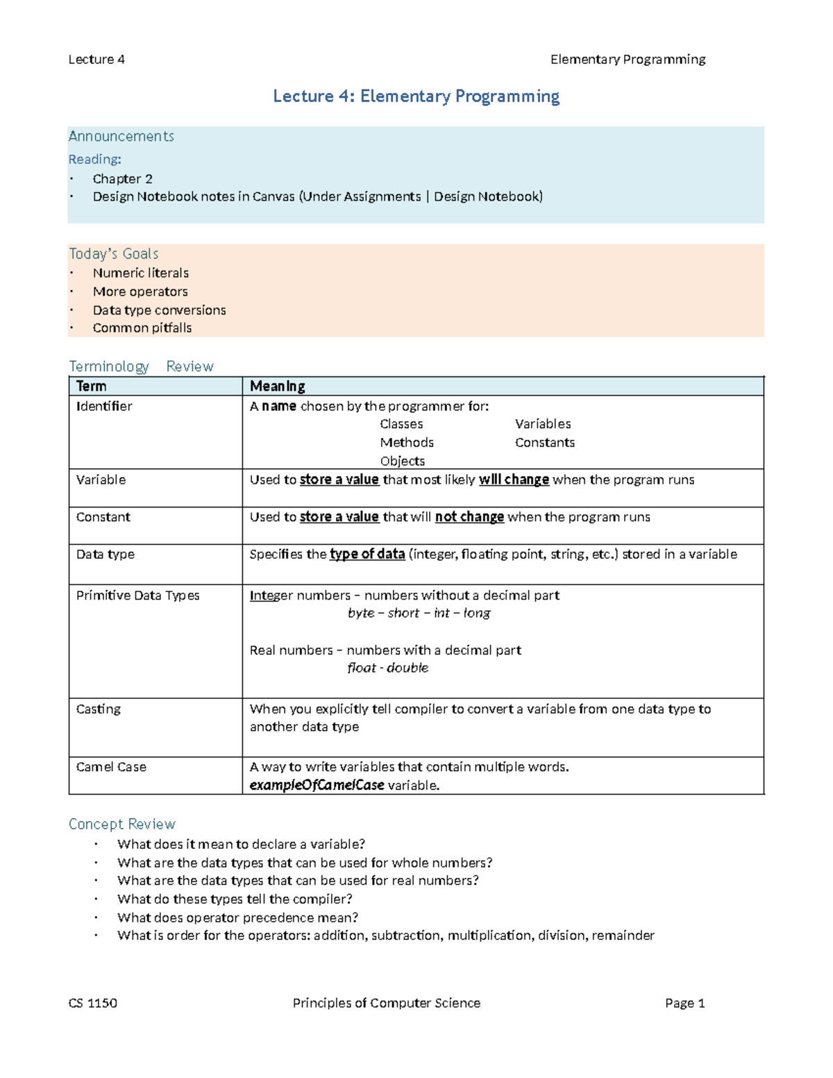 CS 1150 Lecture 4: Introduction to Elementary Programming Concepts ...