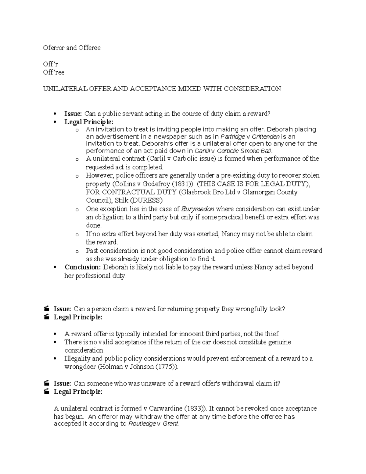 Offer and Acceptance 2: Class Notes on Unilateral Contracts and Rewards ...