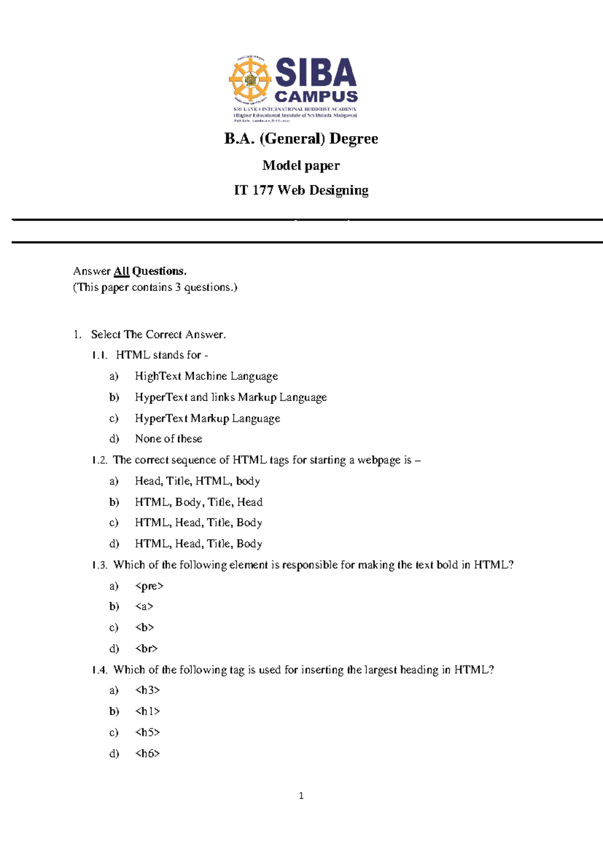 IT 177 Web Designing Model Paper: Comprehensive Q&A Overview - Studocu