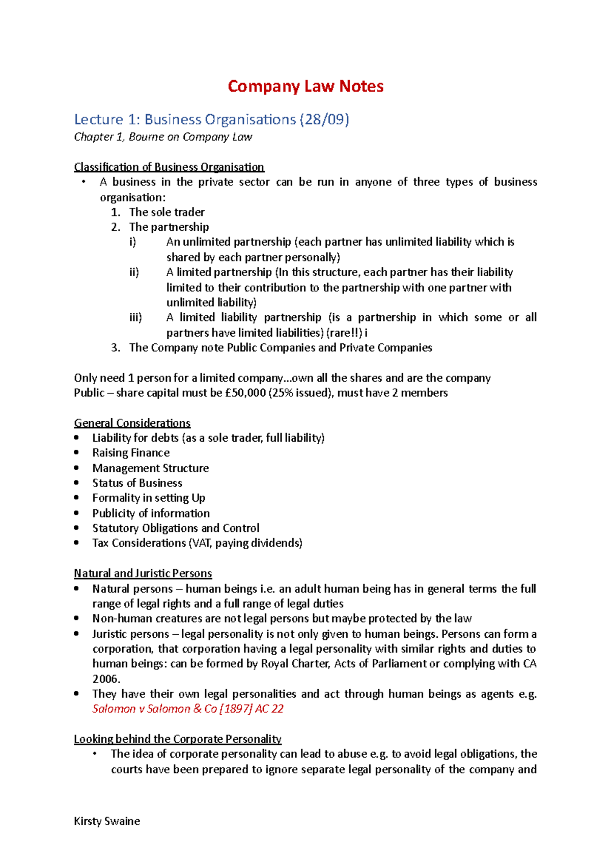 Company Law Lecture Notes 2020: Business Orgs & Corporate Veil - Studocu