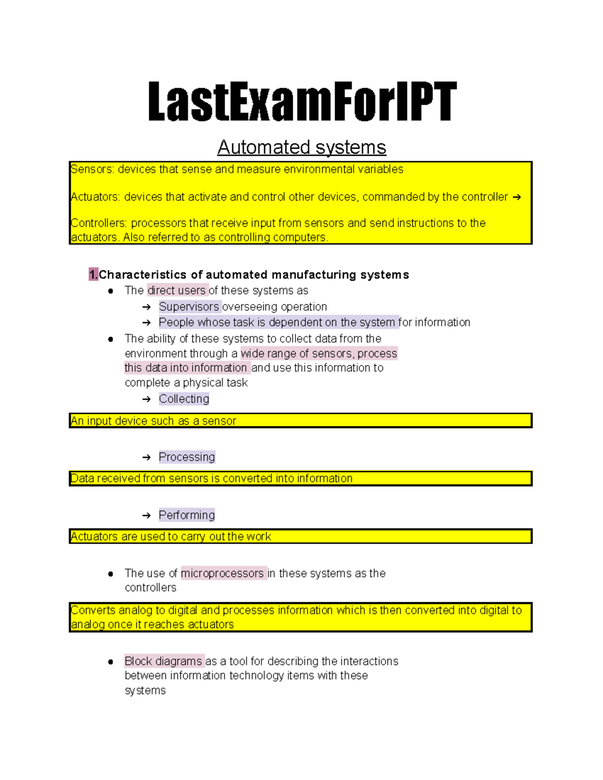 IPT HSC 9 - Final Exam Notes on Automated Systems and Manufacturing ...