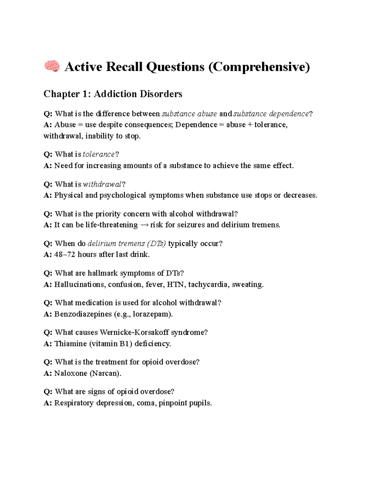 Active Recall Questions for Mental Test 3: Addiction & Disorders - Studocu