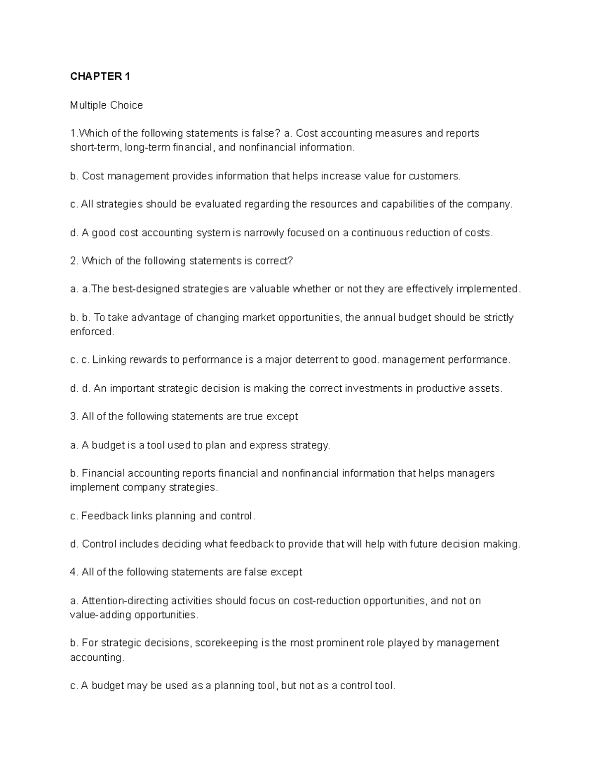 Strat Cost - Chapter 1 & 2 Multiple Choice Notes - Studocu