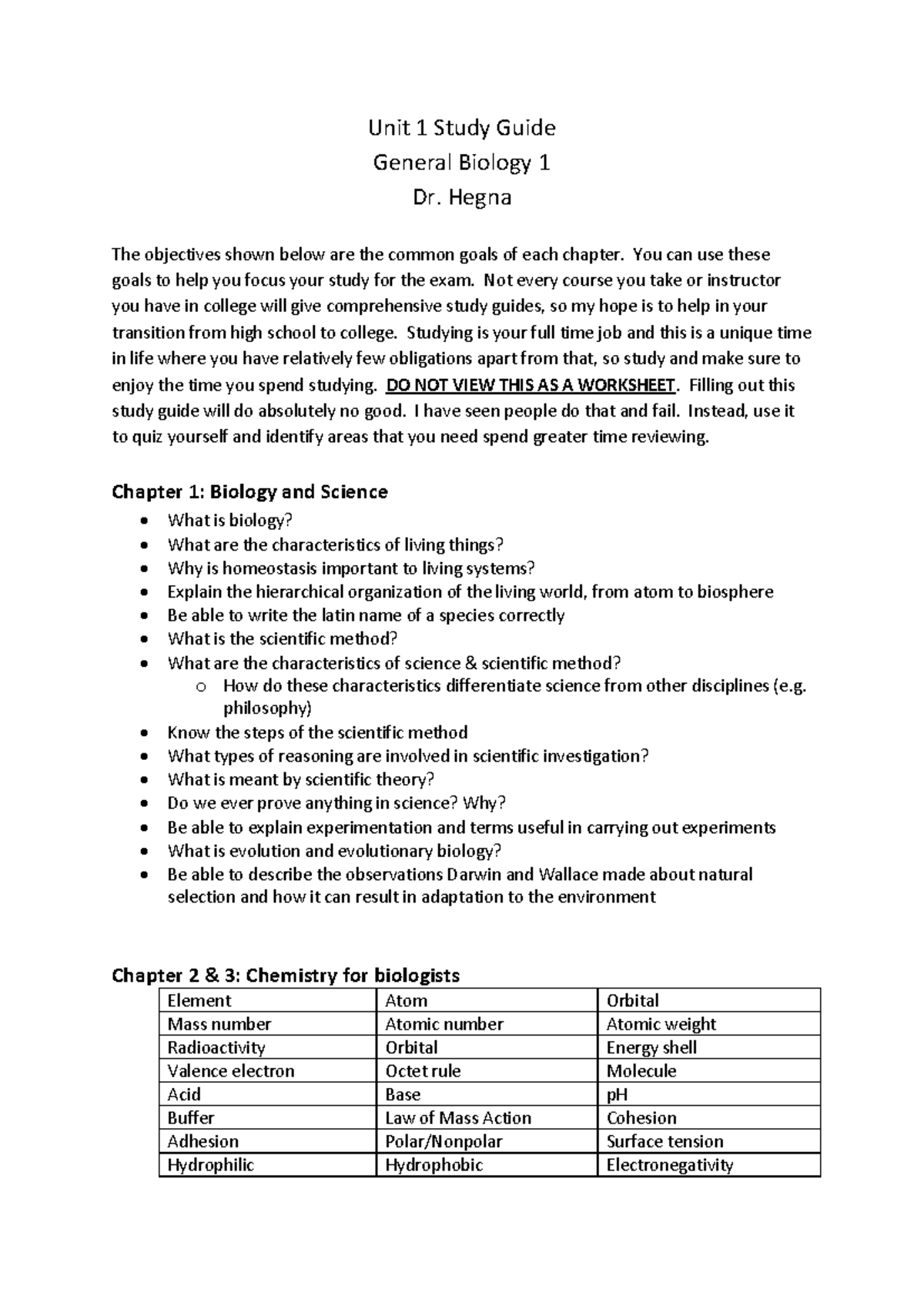 Unit 1 Study Guide for General Biology 1 (BIO 101) - Dr. Hegna - Studocu