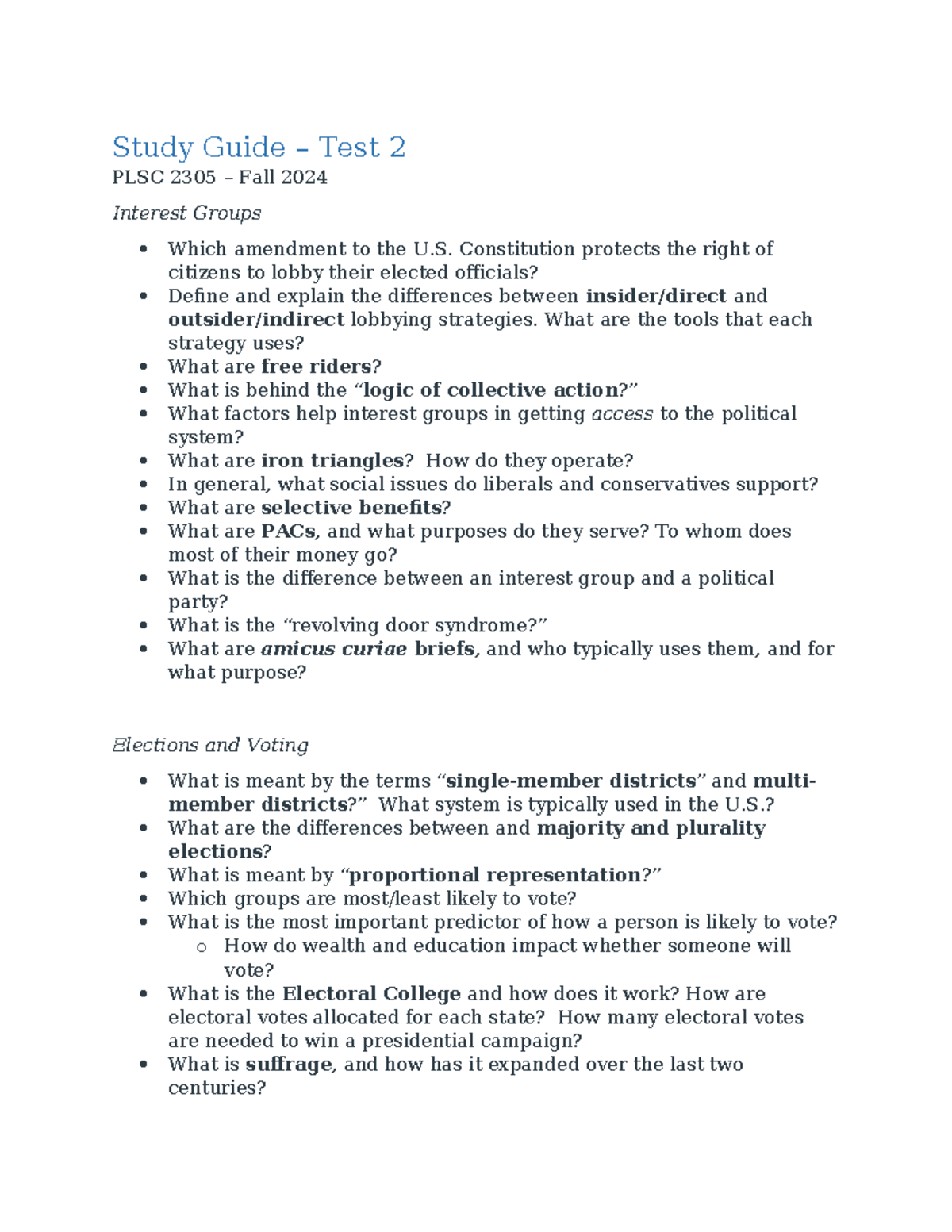 Study Guide for PLSC 2305: Test 2 - Interest Groups, Elections, and ...