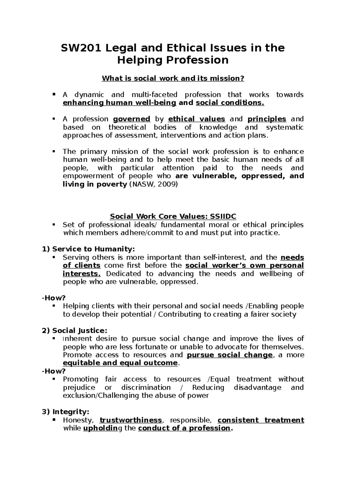 SW201 Legal and Ethical Issues in Social Work: Core Values and ...