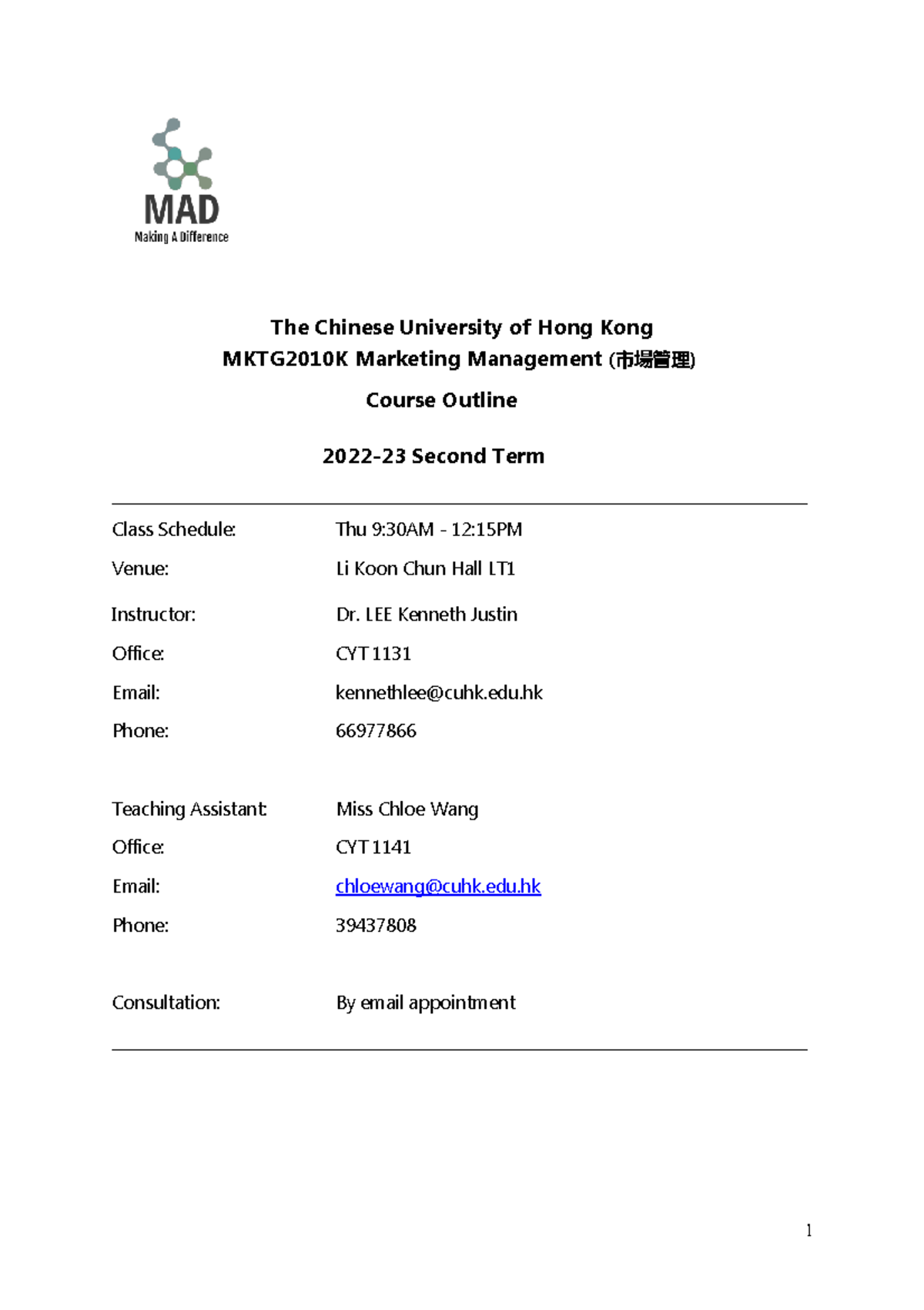2223 MKTG2010K Marketing Management Course Outline & Syllabus - Studocu