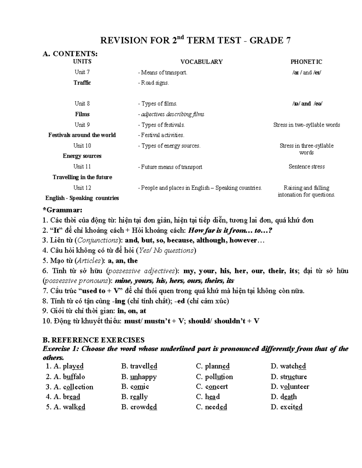 REVISION FOR GRADE 7 TERM 2 TEST: UNITS & EXERCISES - Studocu
