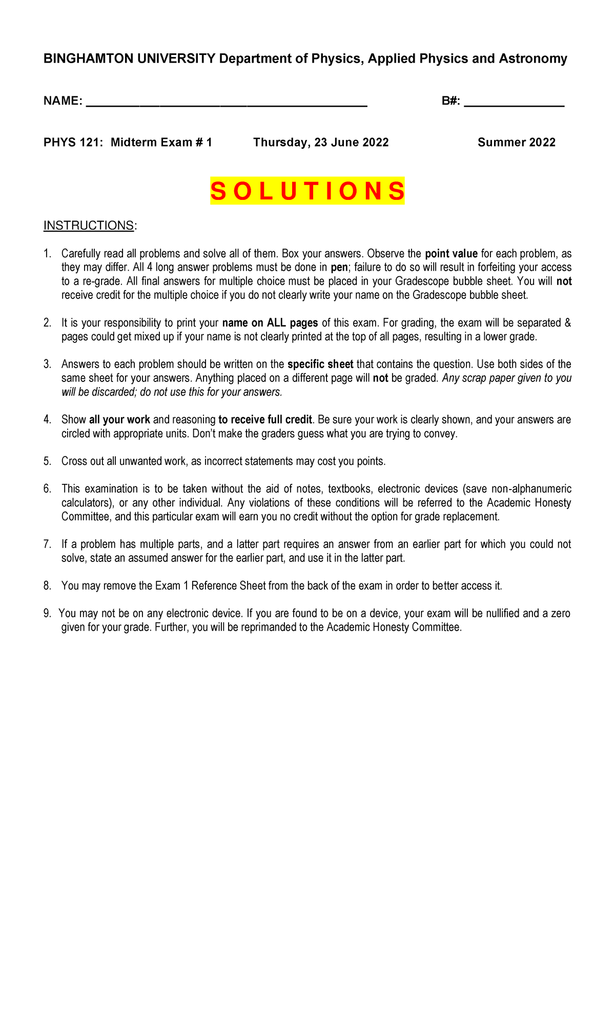Exam 2 Solutions - BINGHAMTON UNIVERSITY Department of Physics, Applied ...