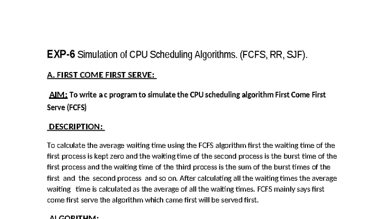 Exp-6: Simulation of CPU Scheduling Algorithms (FCFS, RR, SJF) - Studocu