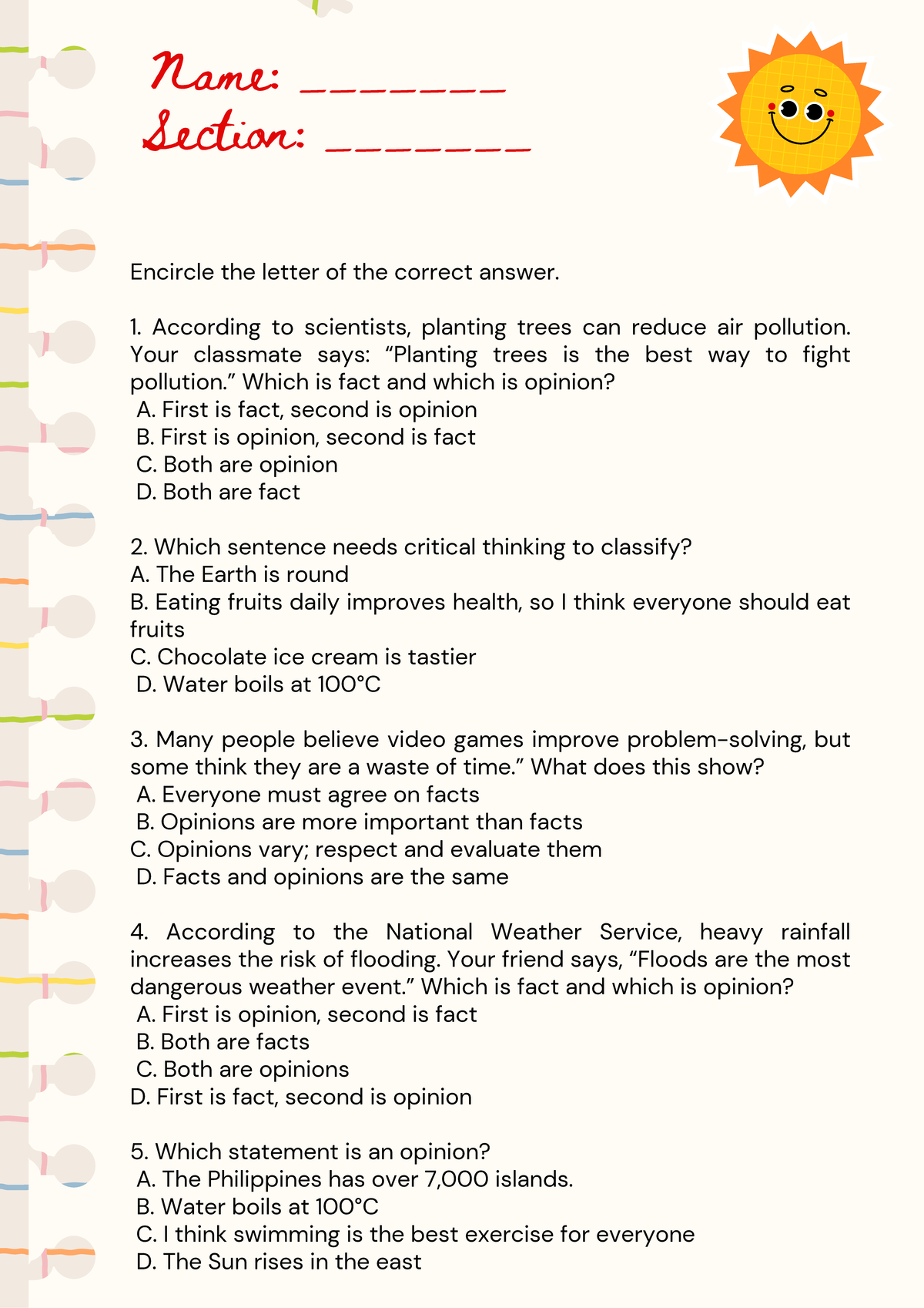 Worksheet: Multiple Choice Questions on Facts vs. Opinions - Studocu
