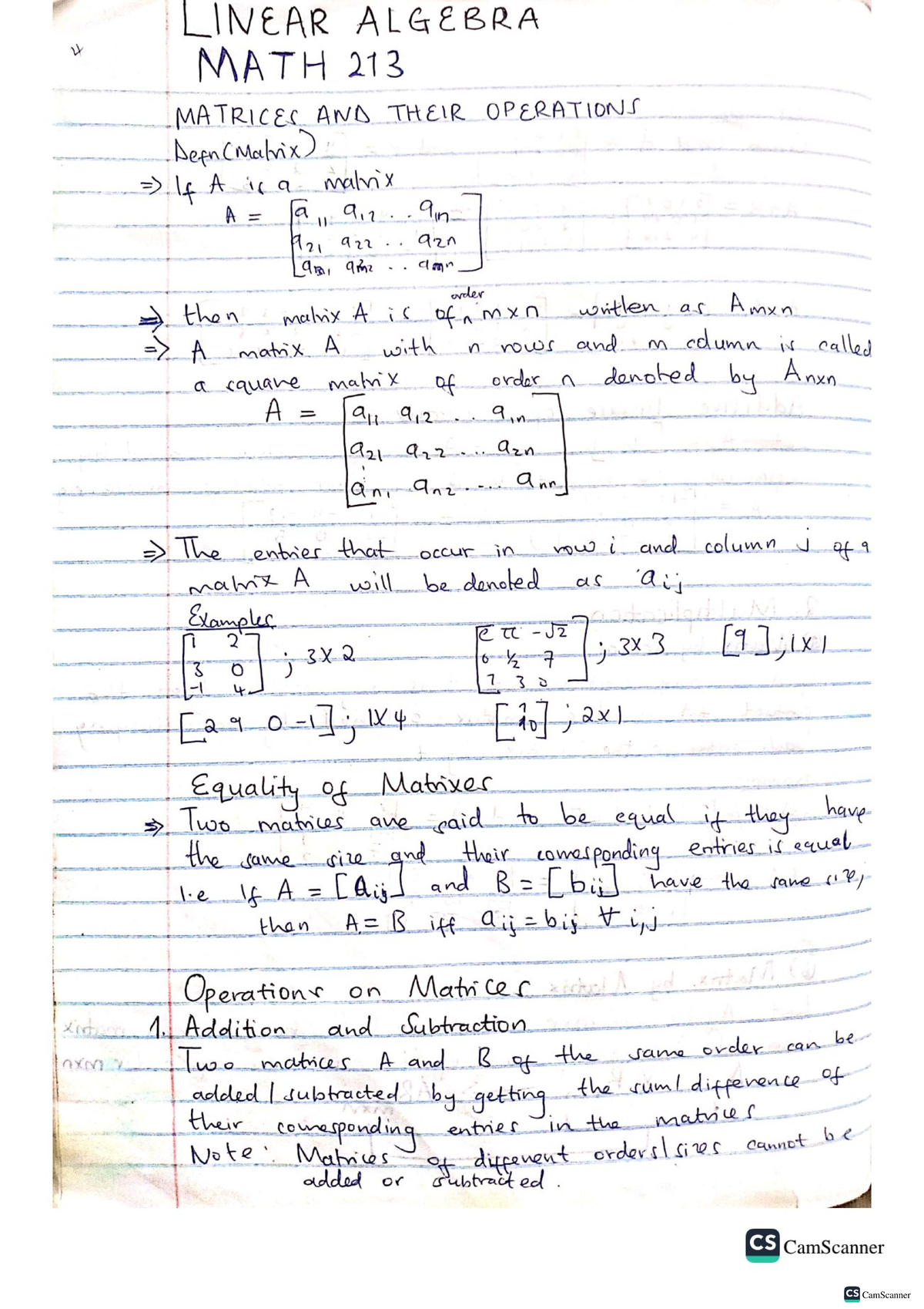 Linear Algebra MATH 213: Matrices and Operations Overview - Studocu